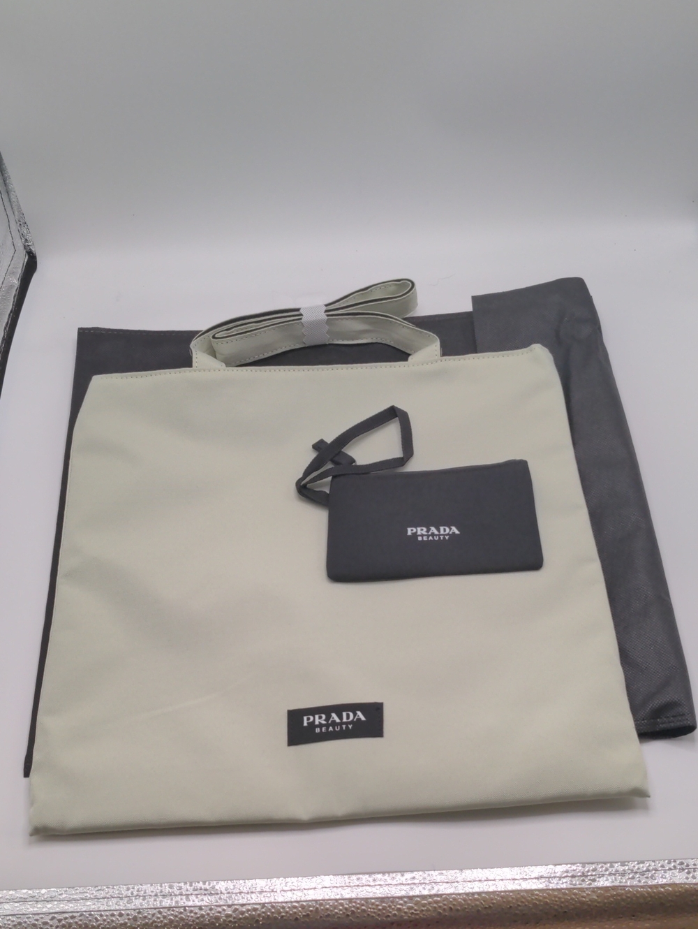 Prada Beauty Tote Bag & Pouch Set Cream Black Logo 14x14